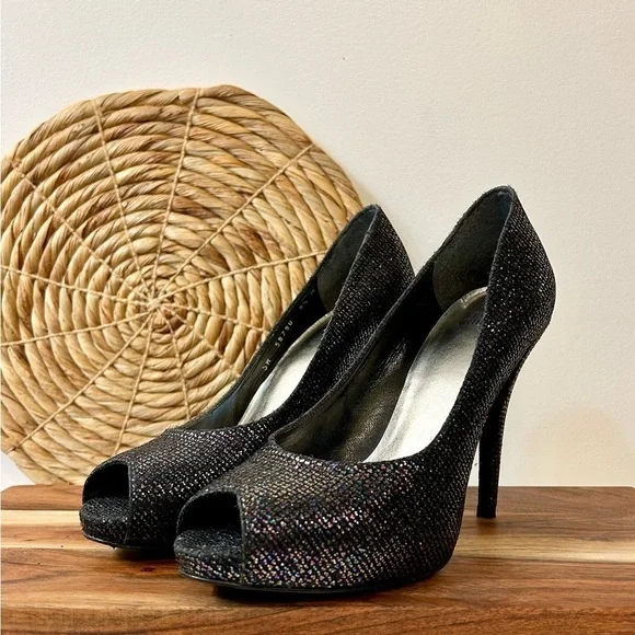 Stuart Weitzman Evabaton Perp Toe Platform Evening Pumps Iris Glitter Size 8.5